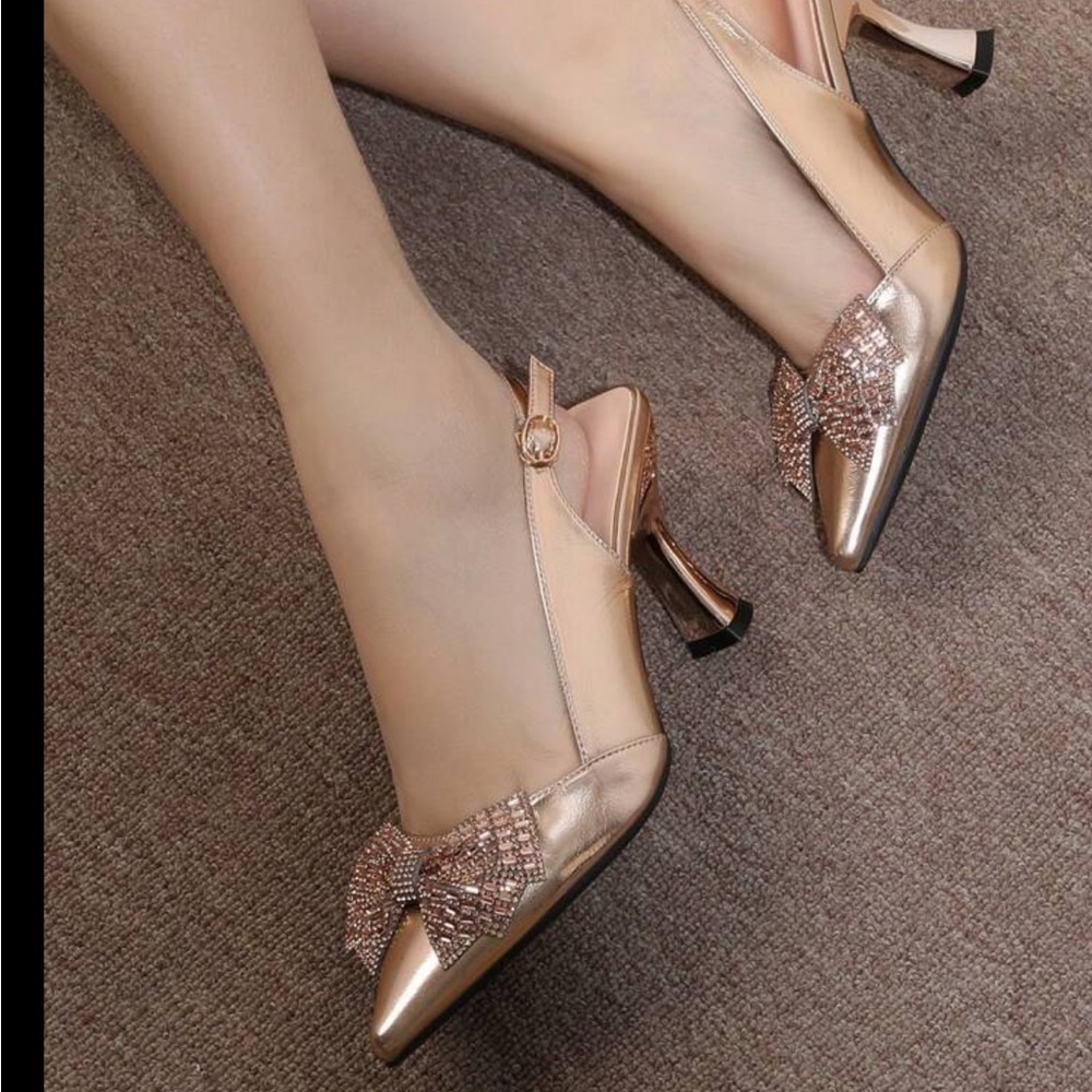 Elegant Gold Women's Heels with Bow Accent